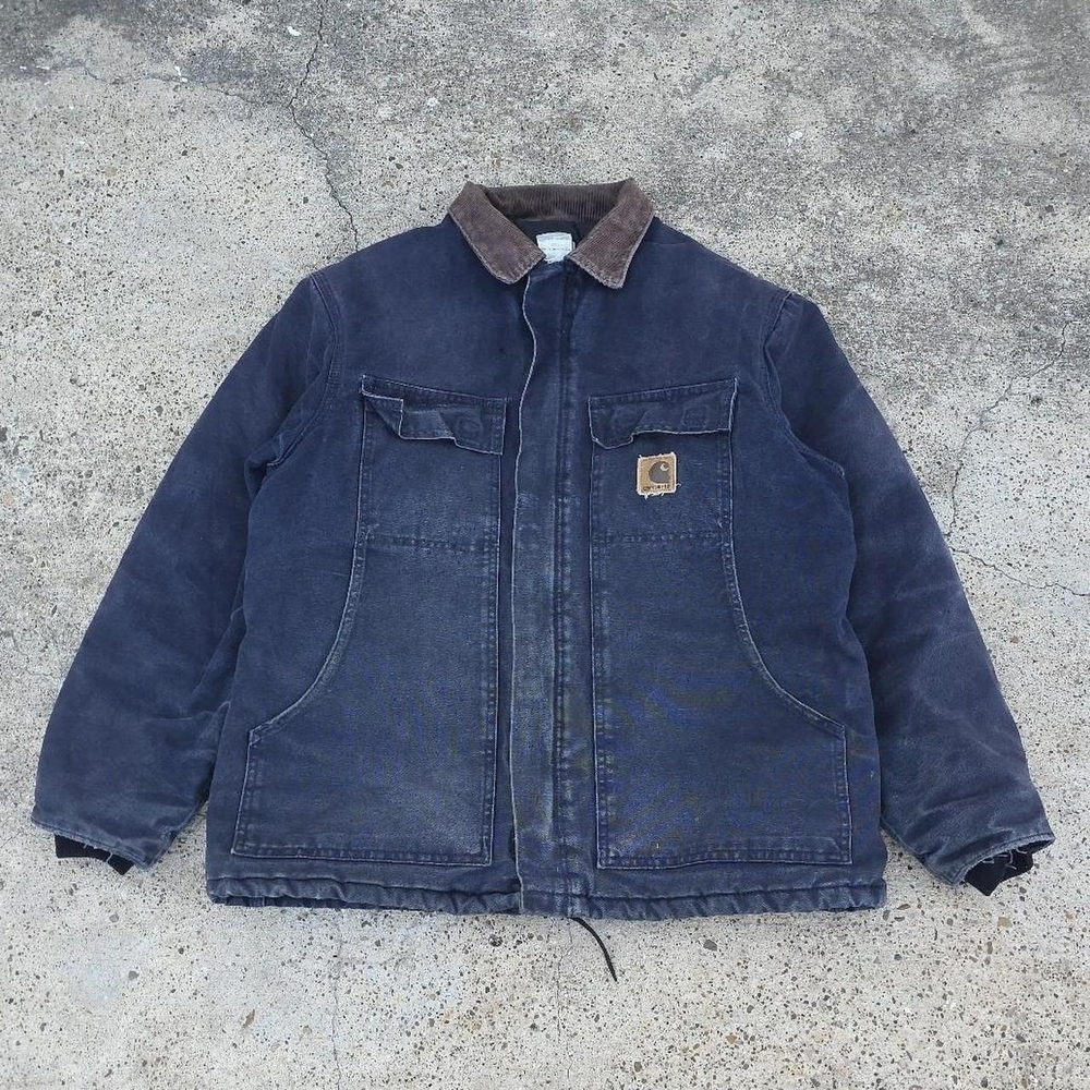 VTG Carhartt C26 Quilted Lined Coat Jacket Blue Distressed Chore Work Farm USA